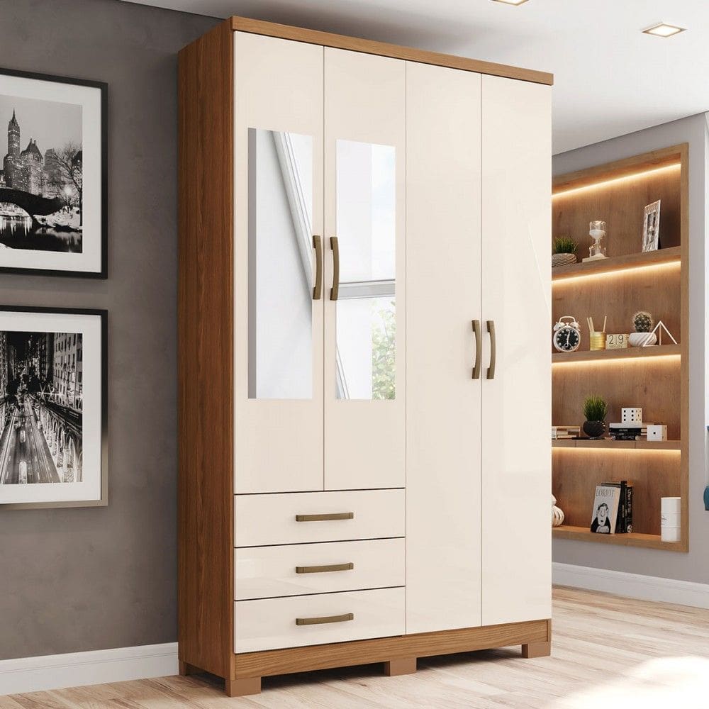 Guarda Roupa Solteiro 04 Portas e  03 Gavetas C/ Espelho Caju