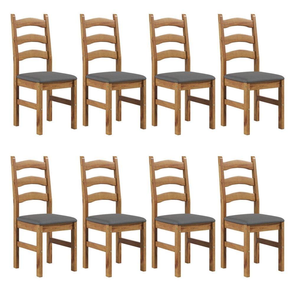 Kit 8 Cadeiras 100% Madeira Maciça com Assento Estofado Napoli Espresso Móveis Nogueira/Cinza