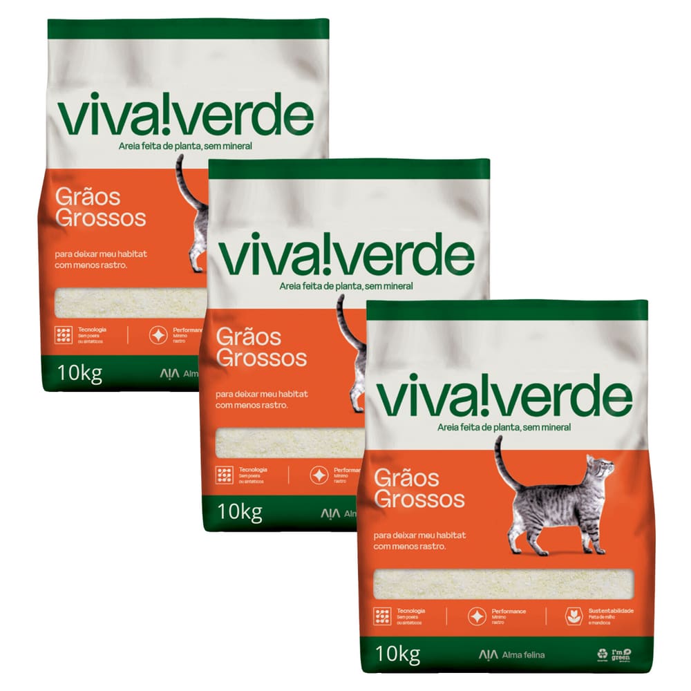 Kit Com 3 Areia Higienica Viva Verde Grãos Grossos 10kg