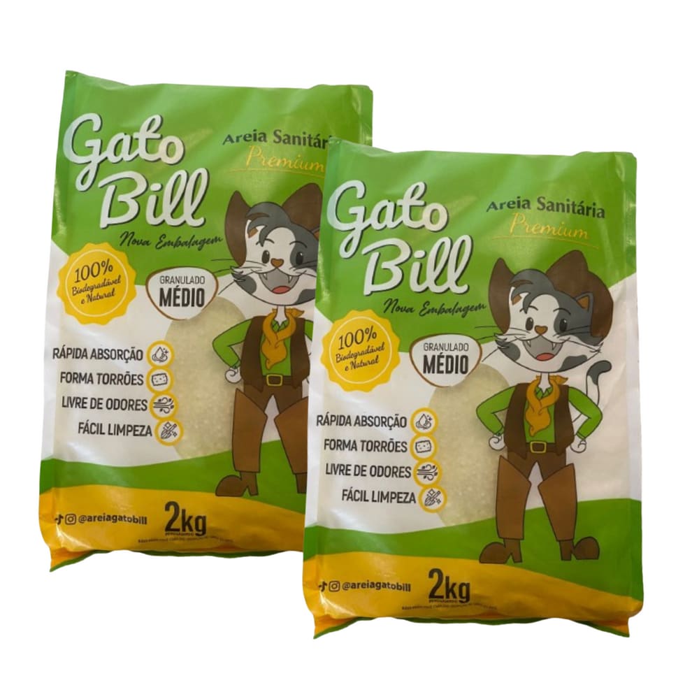 Kit 2 Areias Higienica Gato Bill Premium Grãos Médios Milho E Mandioca 4kg