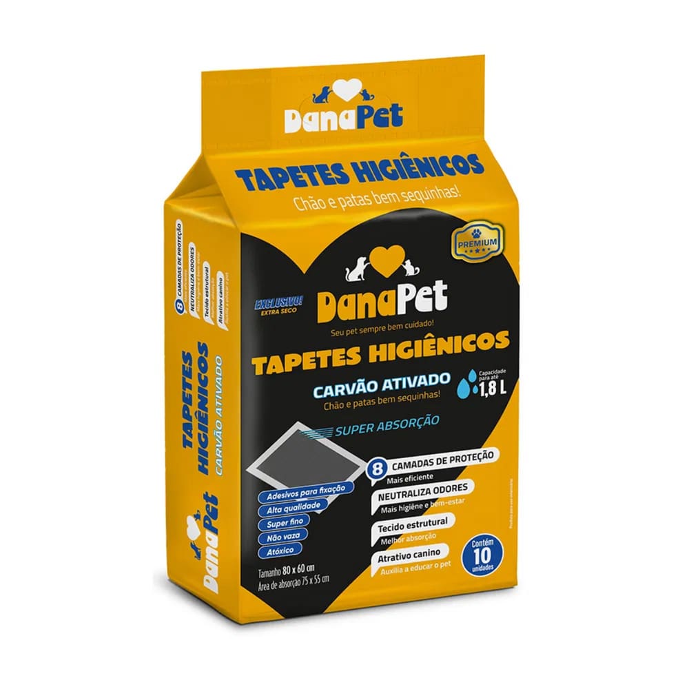 Tapete Higiênico Dana Pet Premium Carvão Ativado 60 X 80 Cm Com 10 Un