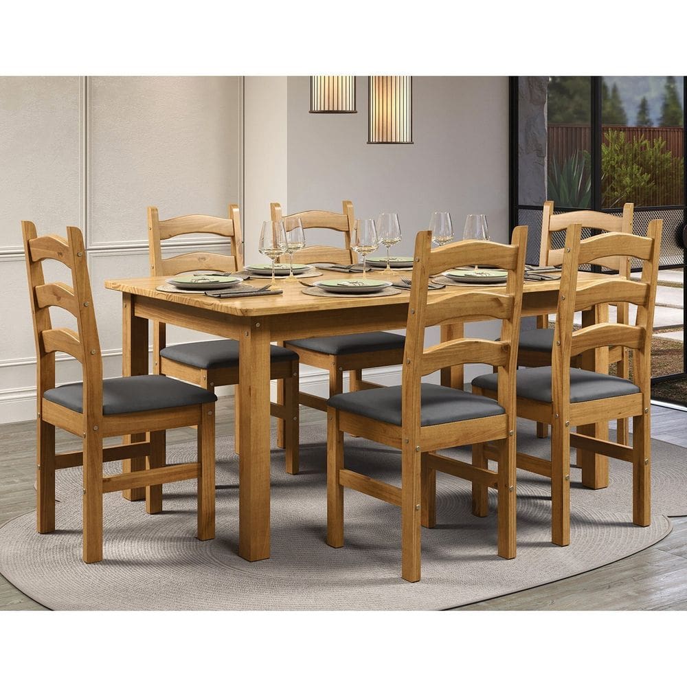 Conjunto com Mesa de Jantar 160cm e 6 Cadeiras Estofadas 100% Madeira Maciça Napoli Espresso Móveis Nogueira/Cinza