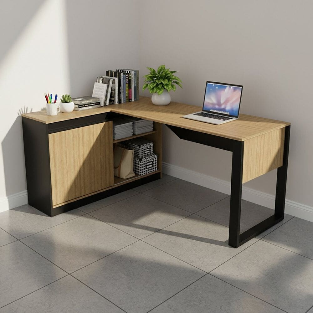 Mesa em L com Nicho Armário e Porta Correr Me4201 Amêndoa/Preto