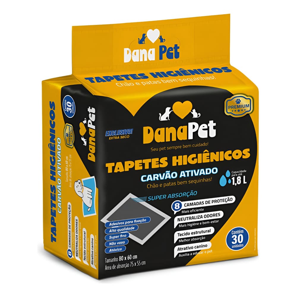 Tapete Higiênico Dana Pet Premium Carvão Ativado 60 X 80 Cm Com 30 Un