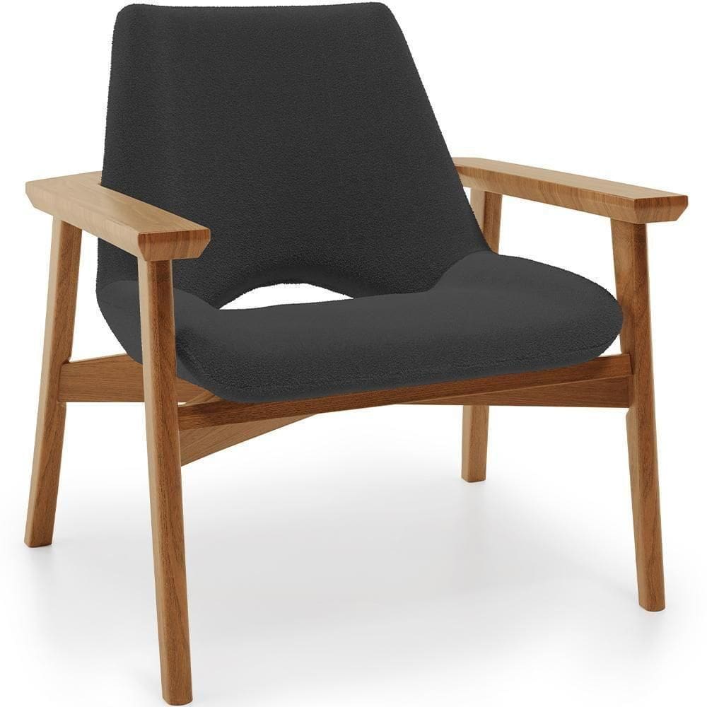 Poltrona Decorativa Para Sala De Estar Living Base Madeira Becker L02 Bouclê Preto - Lyam Decor