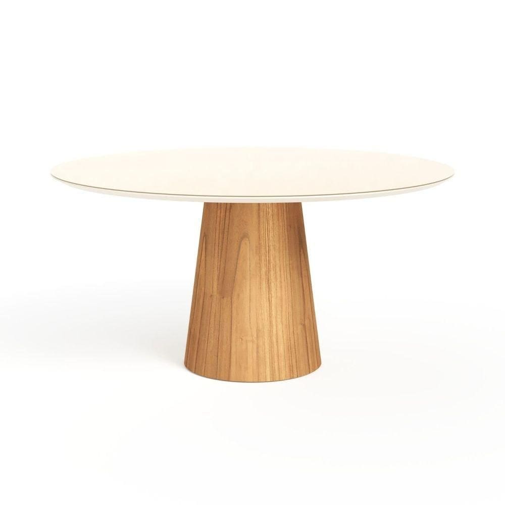 Mesa De Jantar Redonda 160cm Scandi 8 Lugares Lamina Natural De Madeira Off White Vidro