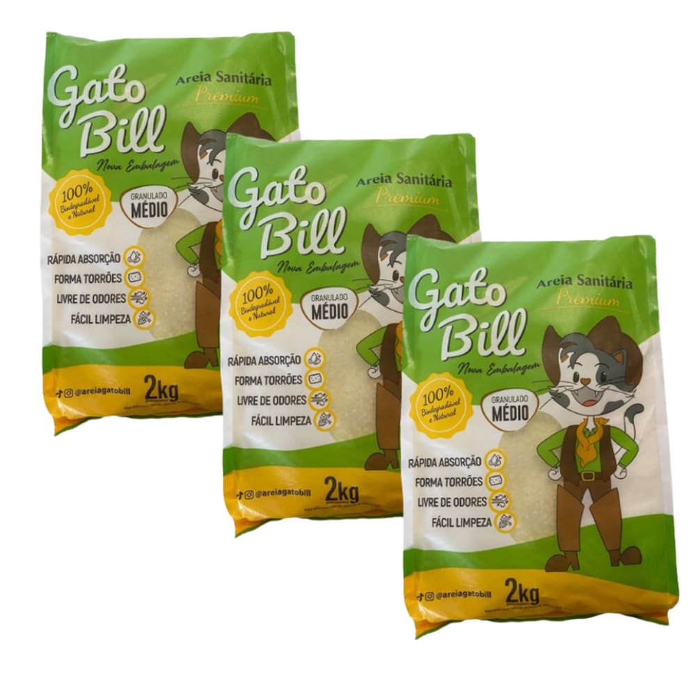 Kit 3 Areias Higienica Gato Bill Premium Grãos Médios Milho E Mandioca 6kg