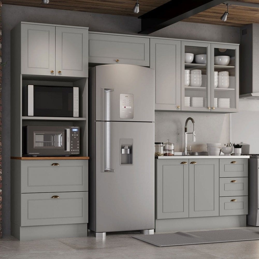 Cozinha Completa Americana 8 Portas 5 Gavetas com Vidro 100% Mdfcinza/Natural - Henn