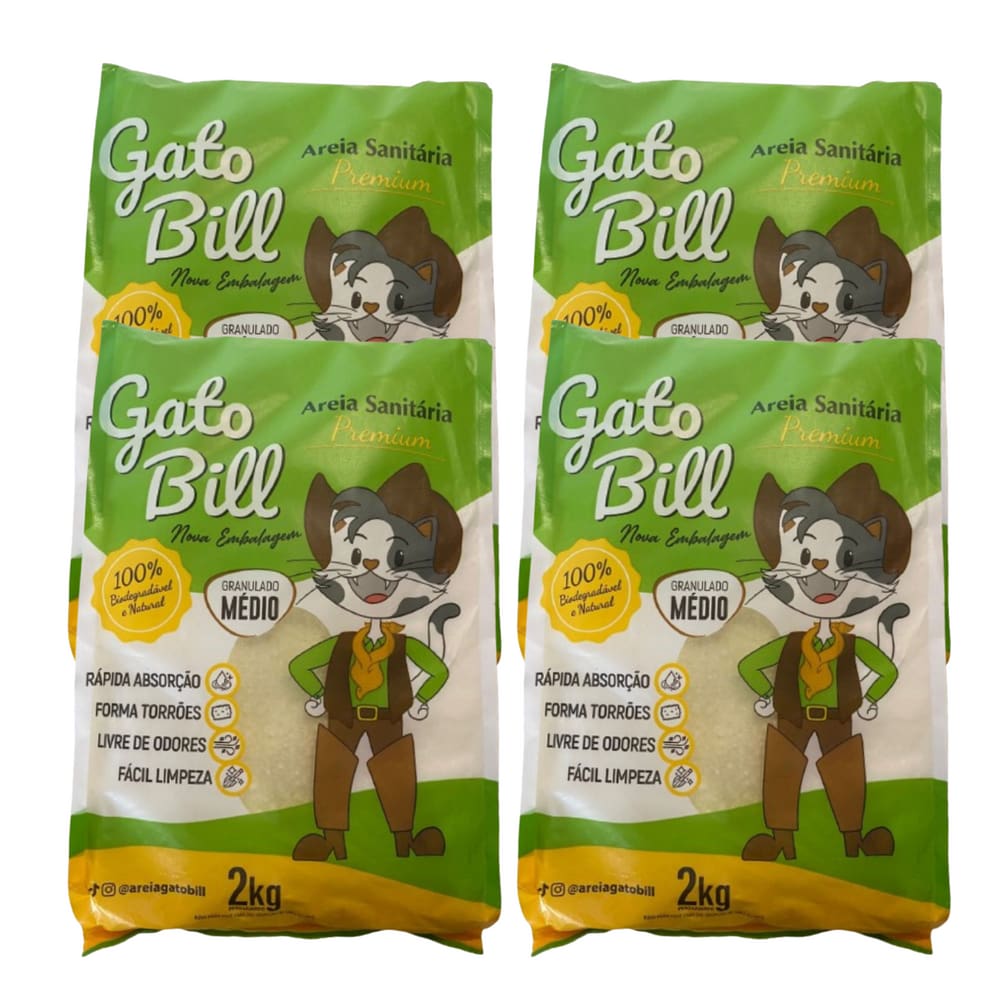 Kit 4 Areias Higienica Gato Bill Premium Grãos Médios Milho E Mandioca 8kg
