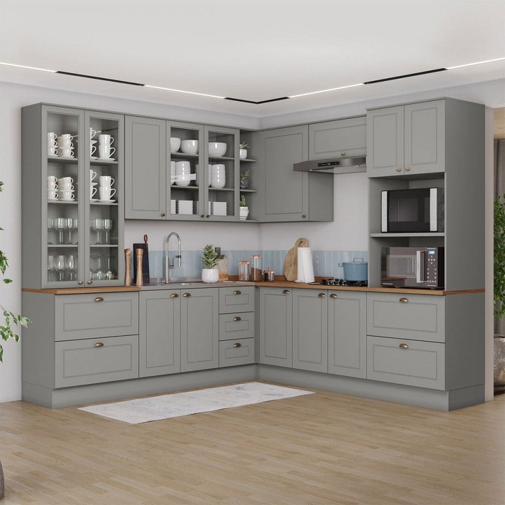 Cozinha Completa Americana 14 Portas 7 Gavetas com Vidro 100% Mdf Cinza/Natural - Henn