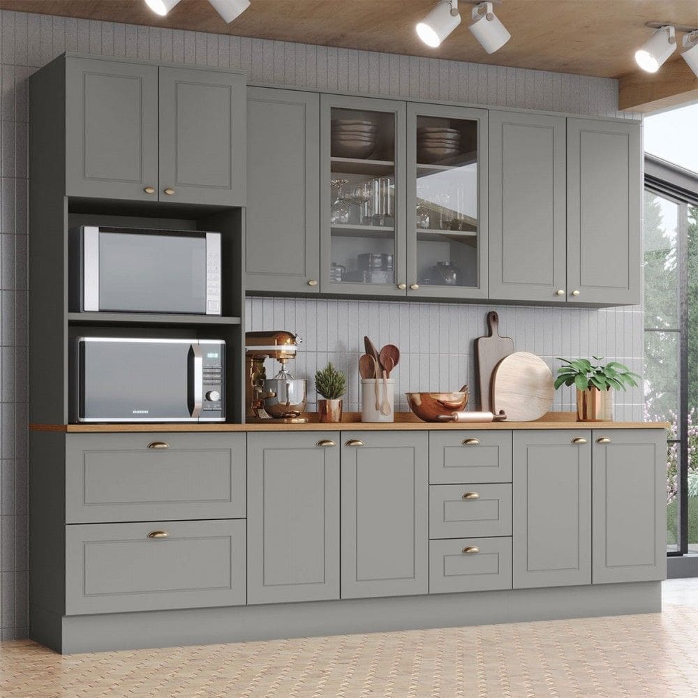 Cozinha Completa Americana 11 Portas 5 Gavetas com Vidro 100% Mdf Cinza/Natural - Henn