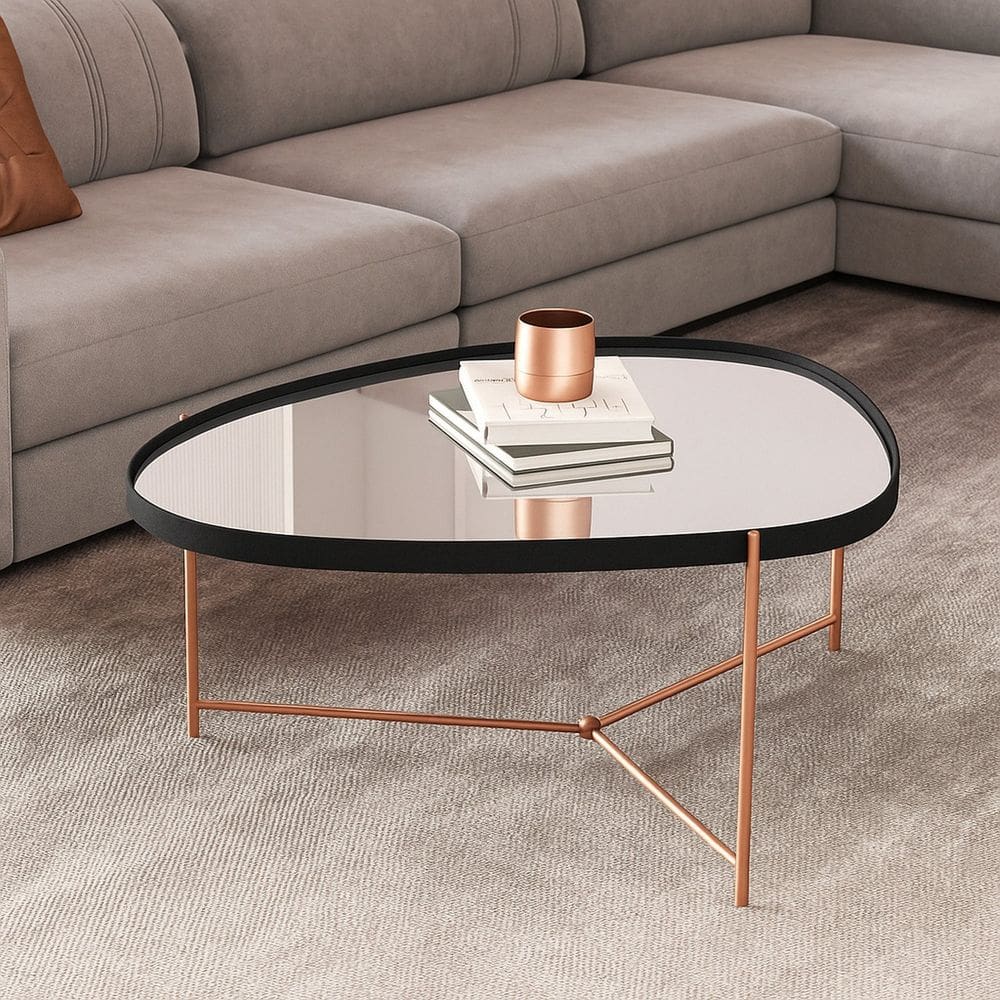 Mesa de Centro com Borda em Couro Sintético Espelho e Pés em Ferro Alamanda Preto/Bronze