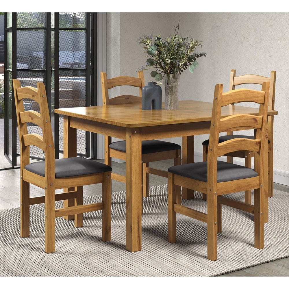 Conjunto Sala de Jantar Mesa 120cm e 4 Cadeiras Estofadas 100% Madeira Maciça Napoli Espresso Móveis Nogueira/Cinza