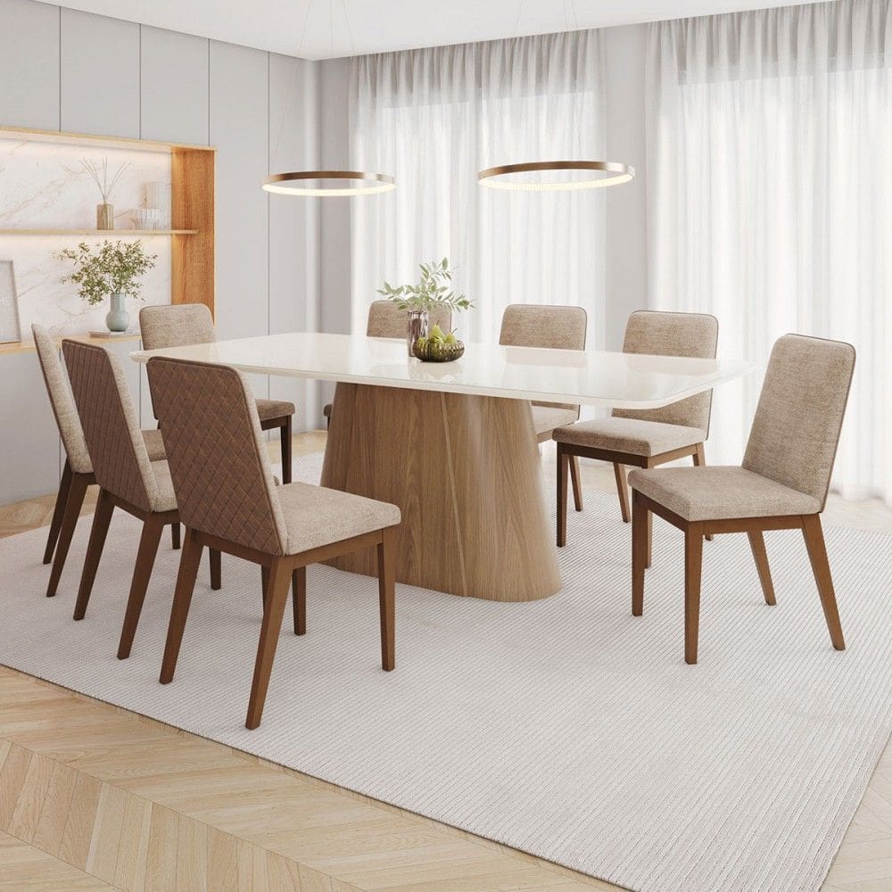 Mesa de Jantar 8 Lugares Olívia com Vidro Natural/Off White/Creme - Henn