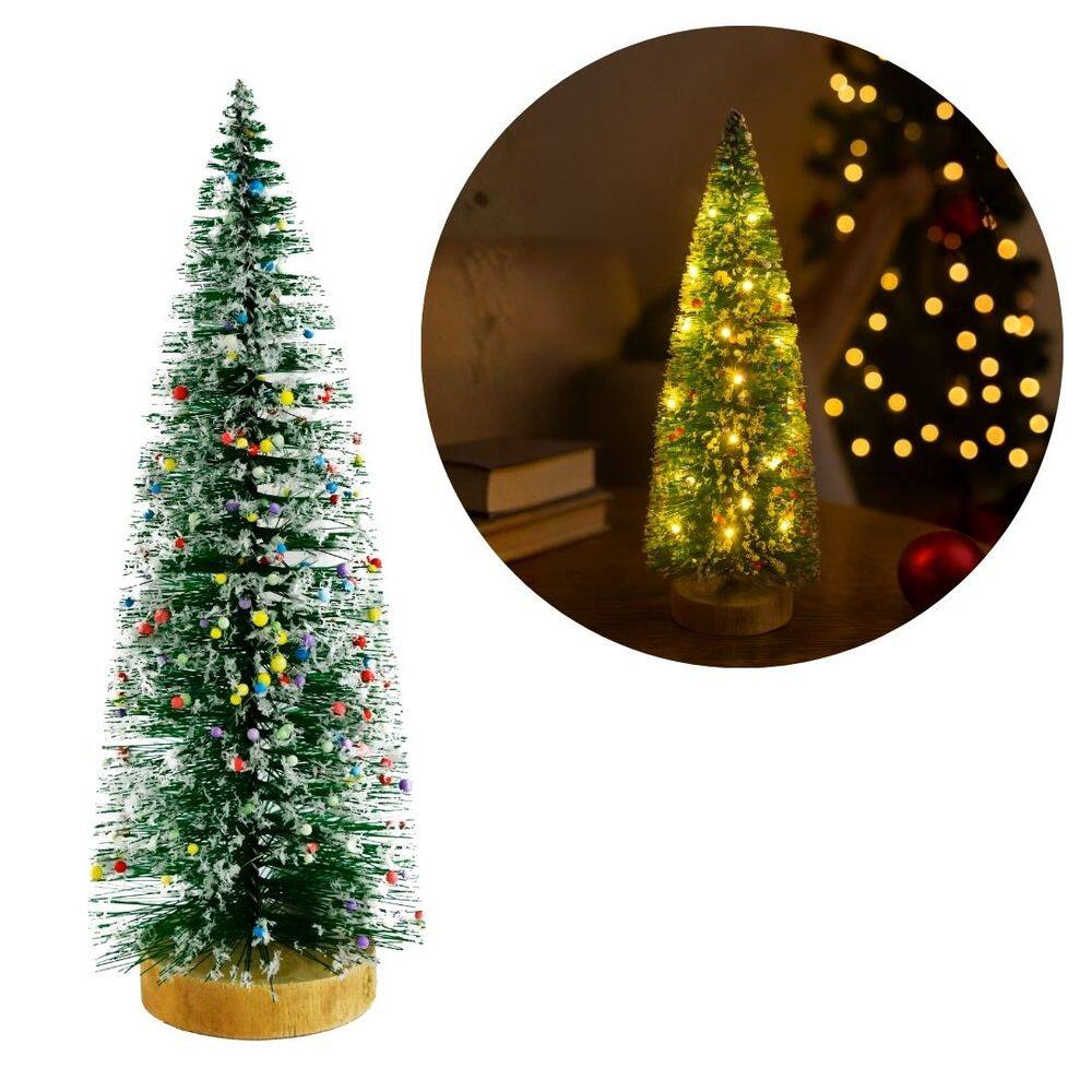 Mini Pinheiro de Mesa Iluminado 25cm Nevado com LED Sequencial e Base de Madeira