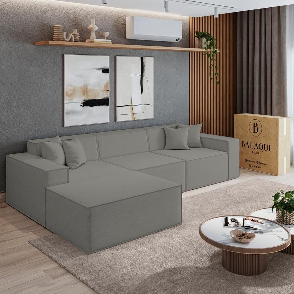 Sofá 3 lugares 2,75m Bouclê com Chaise CompactAir - Balaqui