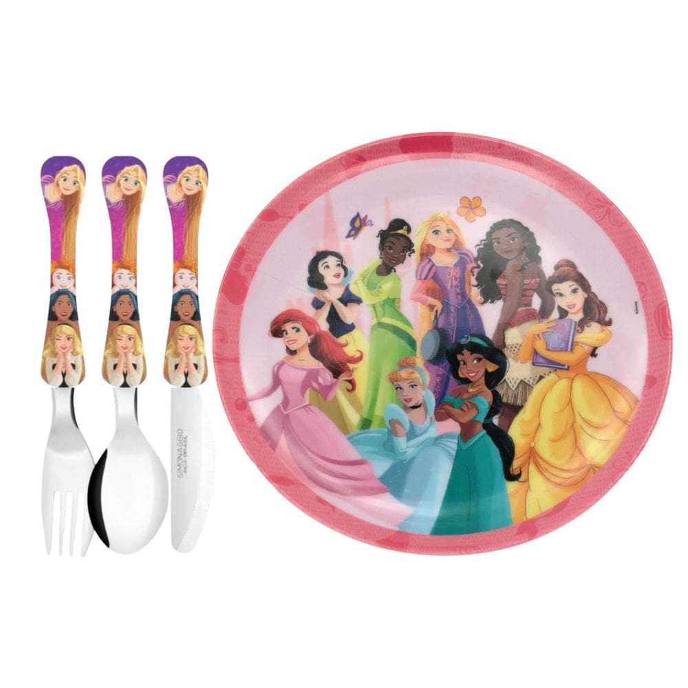 Jogo Refeição Infantil Princesas Disney 4 Peças Prato Melamina e Talheres Aço Inox