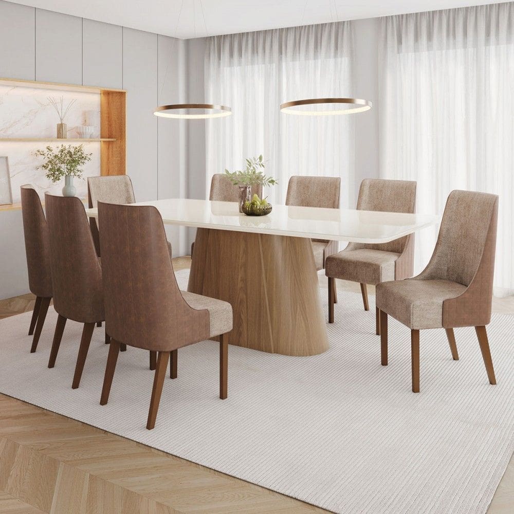 Mesa de Jantar 8 Lugares Olivía com Vidro Natural/Off White/Corano/CaraMarromo/Creme - Henn