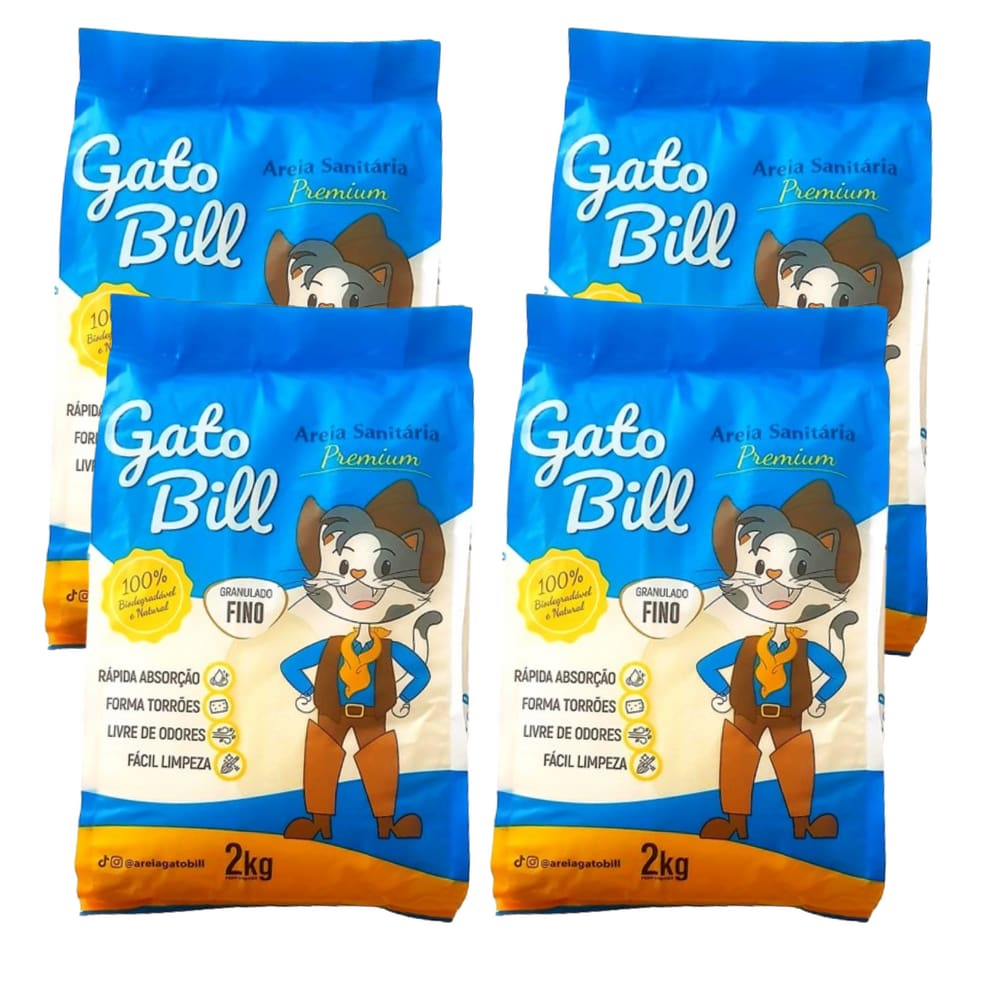Kit 4 Areias Higiênica Para Gatos - Gato Bill Premium Milho E Mandioca - 8kg - Fina
