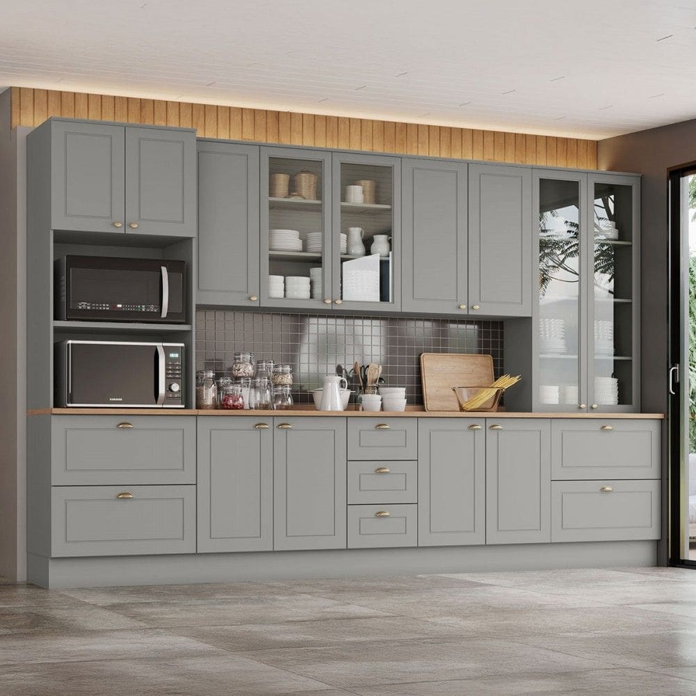 Cozinha Completa Americana 13 Portas 7 Gavetas com Vidro 100% Mdf  Cinza/Natural - Henn