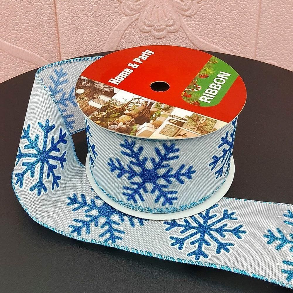 Rolos Fita Aramada Flocos Neve Azul Natal 6,3cm 9m Kit 4pçs