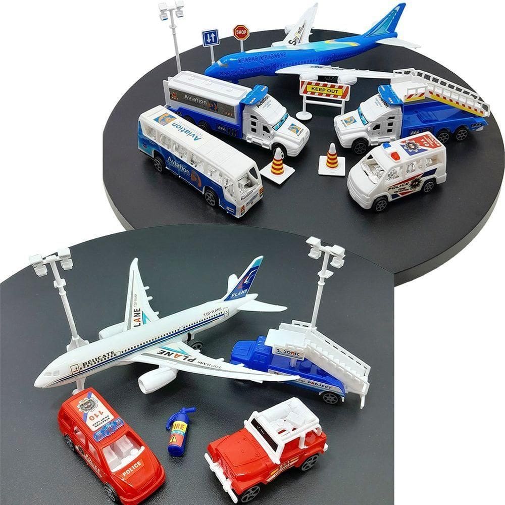 Kit Brinquedo Aeroporto Transito 18pçs Avião Carro Caminhão