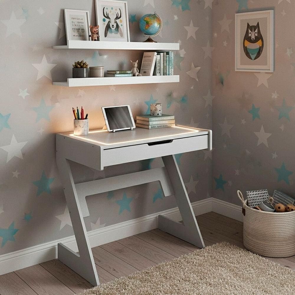 Conjunto Escrivaninha com Luz Neon - Branco Quente com 2 Prateleiras Aba Branco