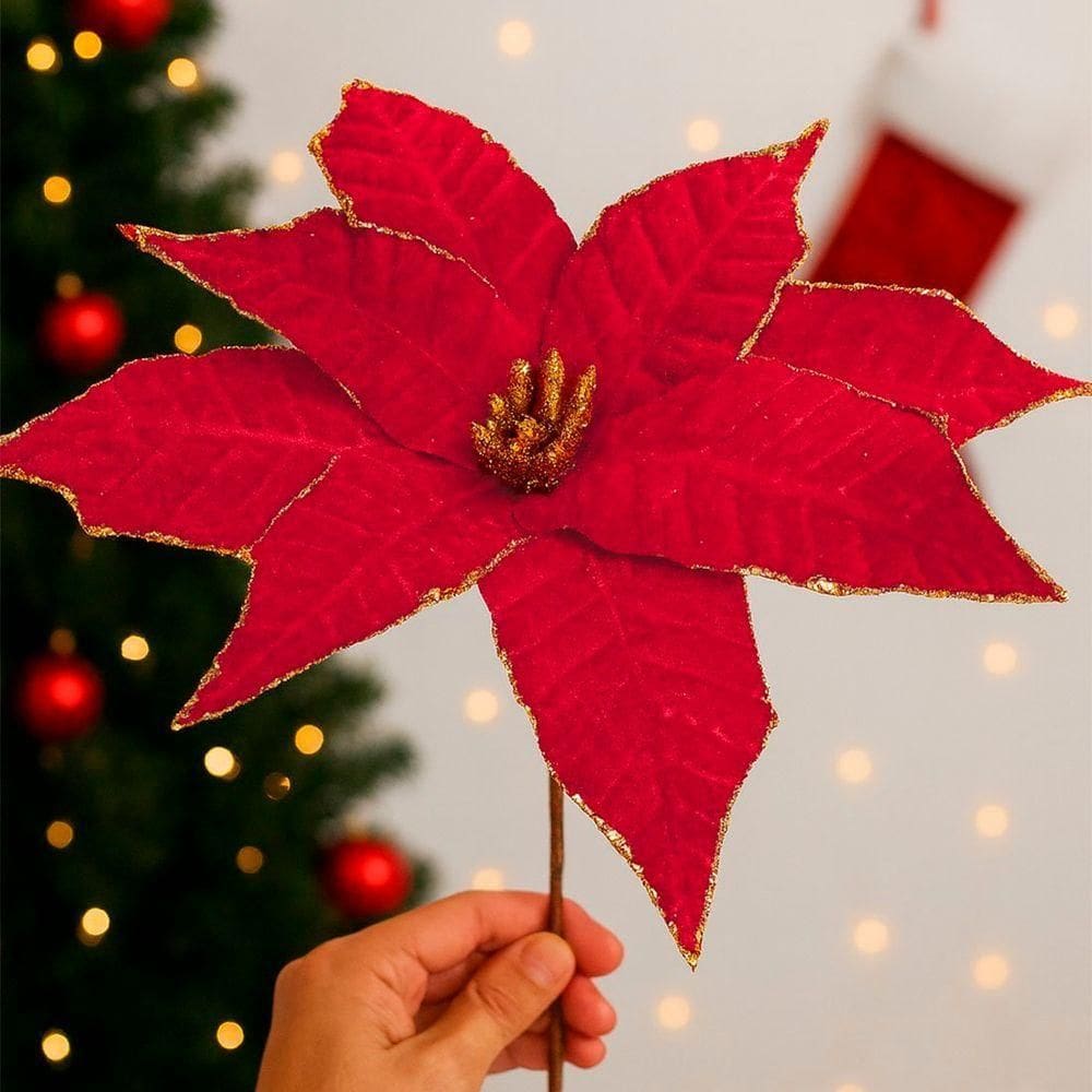 Flores Artificial Camurça Enfeite árvore Natal 30cm Kit 8pçs