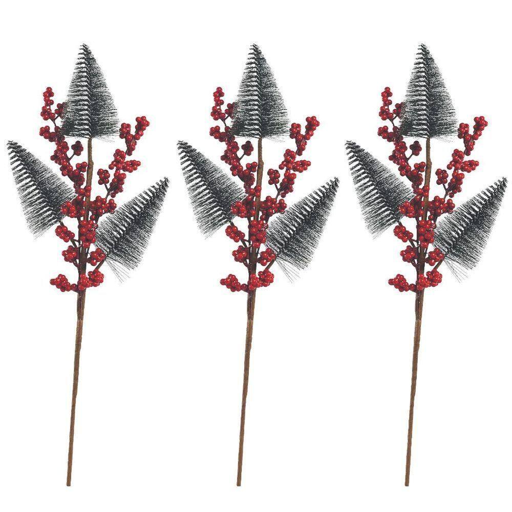 Jogo 3 Galhos Decor Natal 3 Pinheiros Nevados E Berries 48cm - Magizi