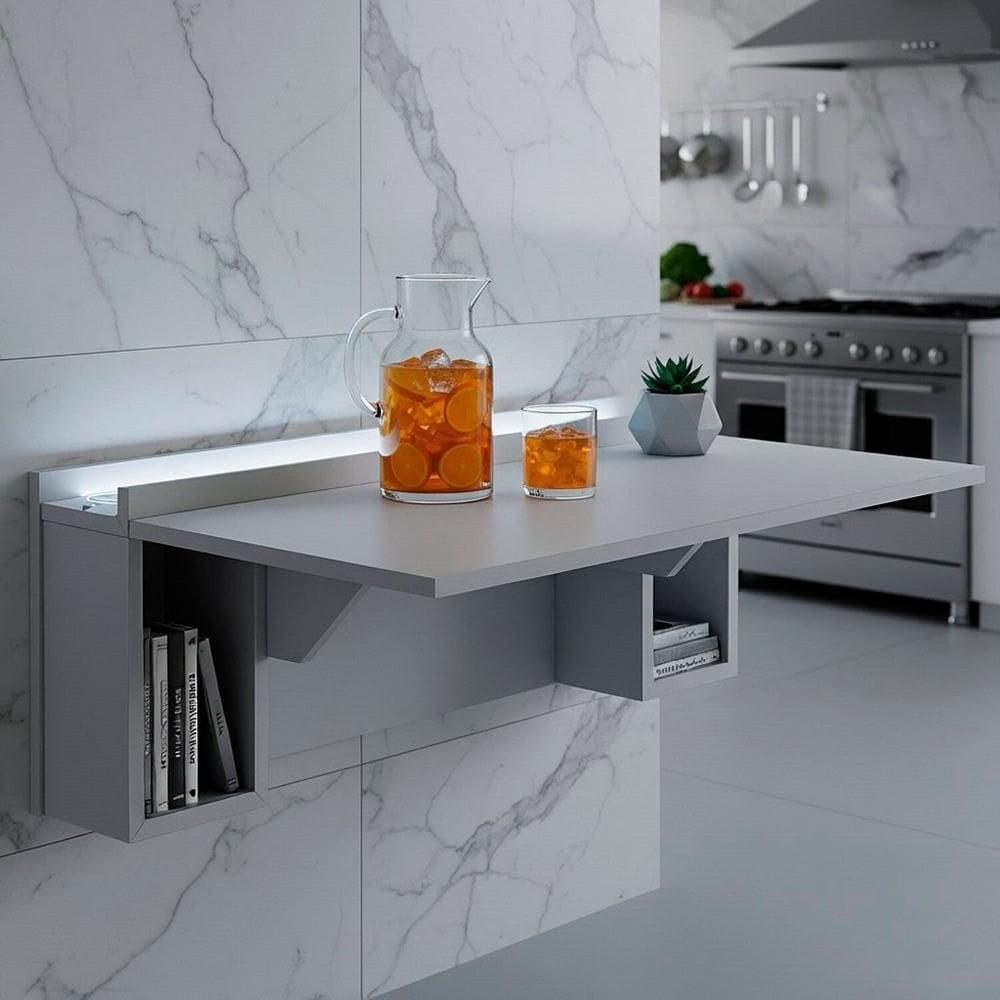 Escrivaninha Mesa Dobrável com Nichos com Led Neon Branco