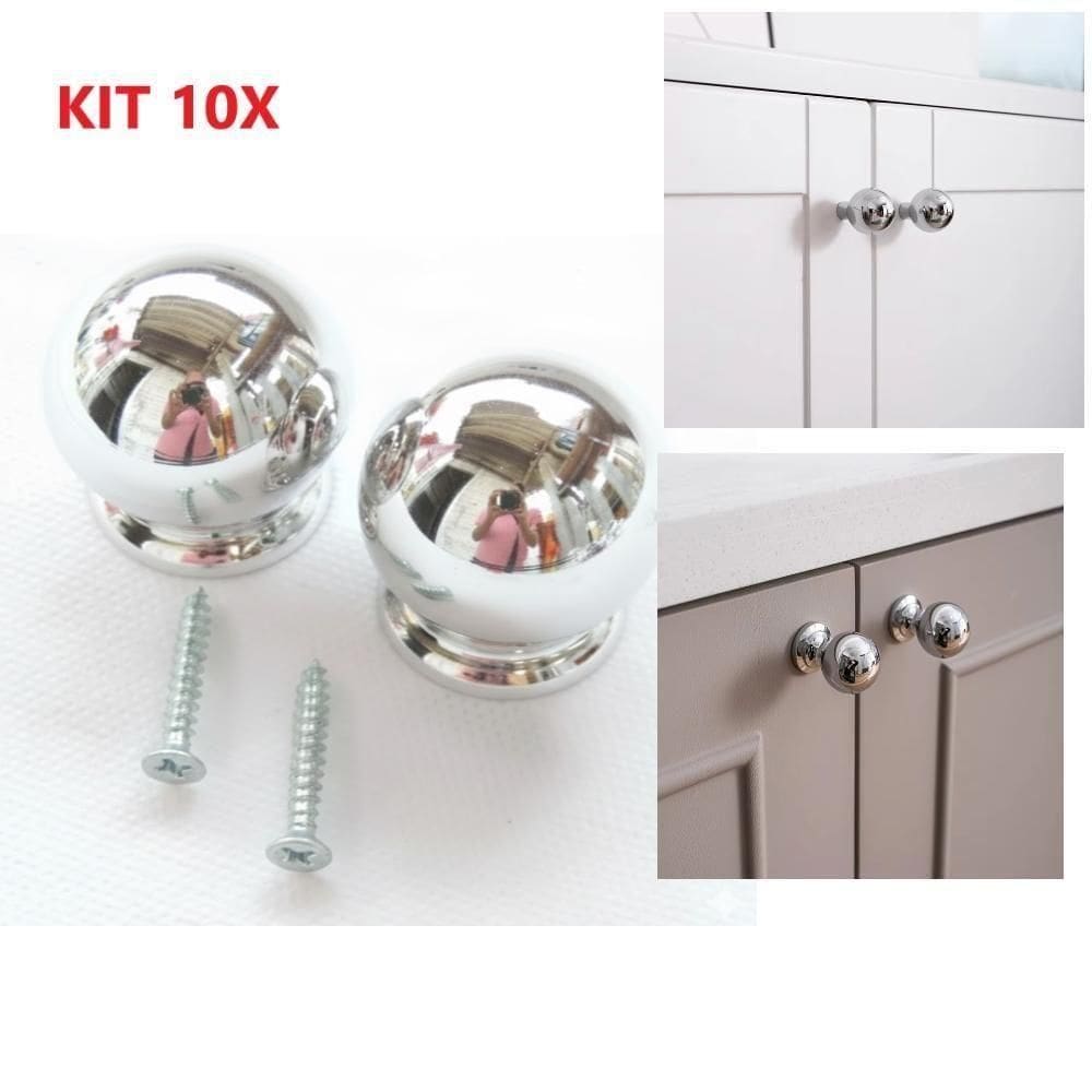 Kit 10 Puxador Moveis Redondo Prata Luxo Gaveta Armario Ponto Bola Furo Unico Parafuso