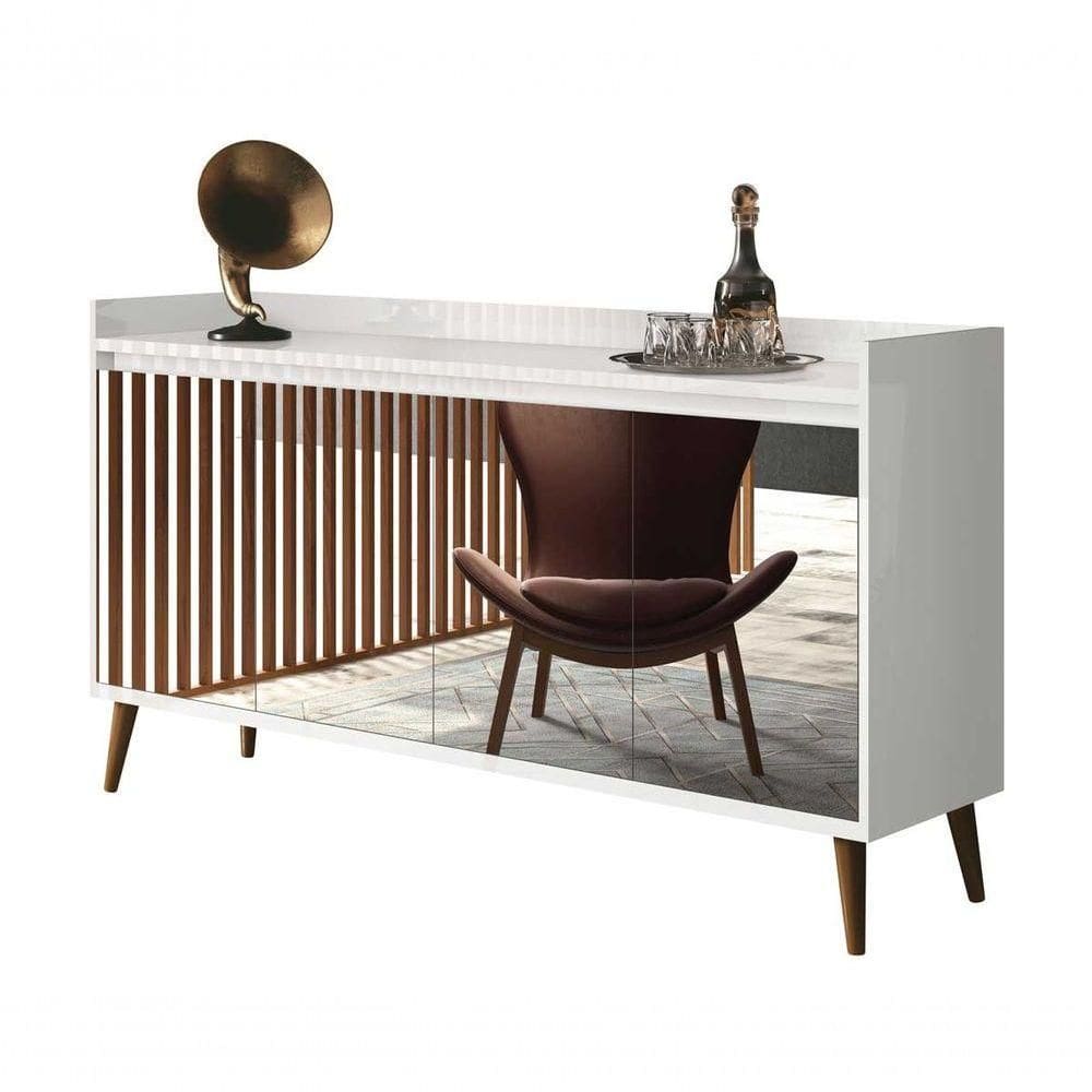 Buffet Aparador Retrô Com Espelho Delux 4 Portas Branco Gloss - Moveisaqui