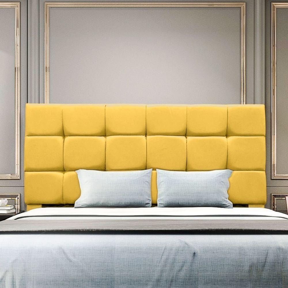 Cabeceira Cama De Casal 140 Cm Naiara Em Suede Com Frame Amarelo