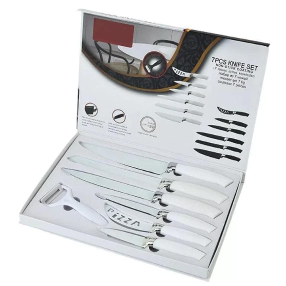 Kit Facas Ceramica Branca 7 Pecas Profissional Churrasco Carnes Paes Pizza Descascador Frutas Conjunto Cozinha Versatili