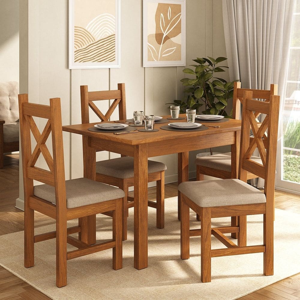 Conjunto Mesa 120x80cm com 4 Cadeiras Estofadas Germany Mogno Mel/Cinza