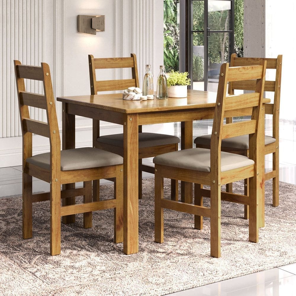 Conjunto Sala de Jantar Mesa 100cm e 4 Cadeiras Estofadas 100% Madeira Maciça Serena Espresso Móveis Nogueira/Mascavo
