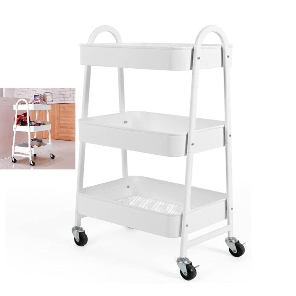 Carrinho Multiuso Organizador Brinquedos Sala Cozinha Manicure 3 Prateleiras Auxiliar Em Aço Profissional Branco