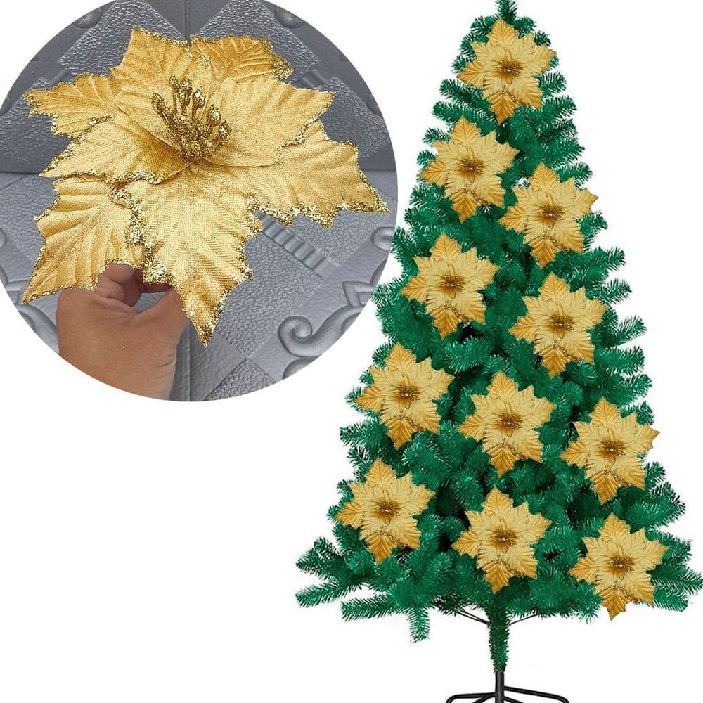 Flores Ramo Dourado Decoração Árvore De Natal 20cm Kit 10pçs
