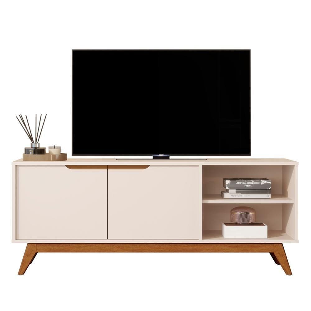 Rack Bancada Tucumã 1.4 Tv Até 60 Pol. Pés De Madeira Maciça Off White