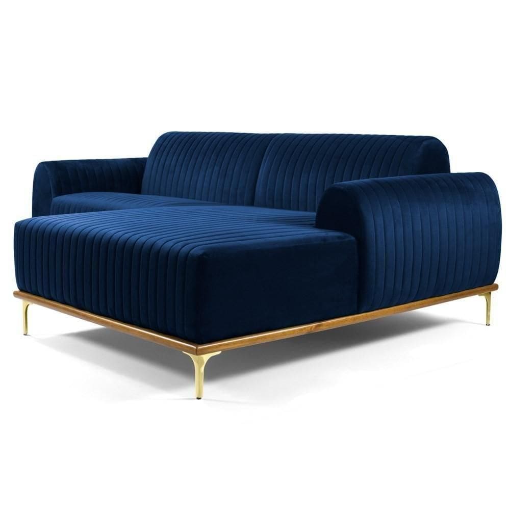 Sofá 350cm 6 Lugares Com Chaise Direito Pés Gold Molino C-304 Veludo Azul Marinho - Domi