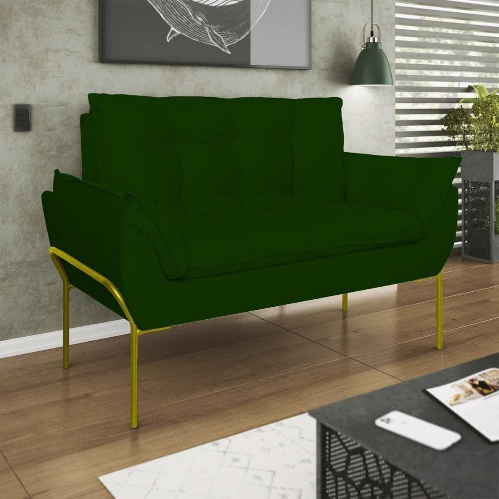 Poltrona Sofá Luxo Base Metal Dourado Recepção Escritório Verde