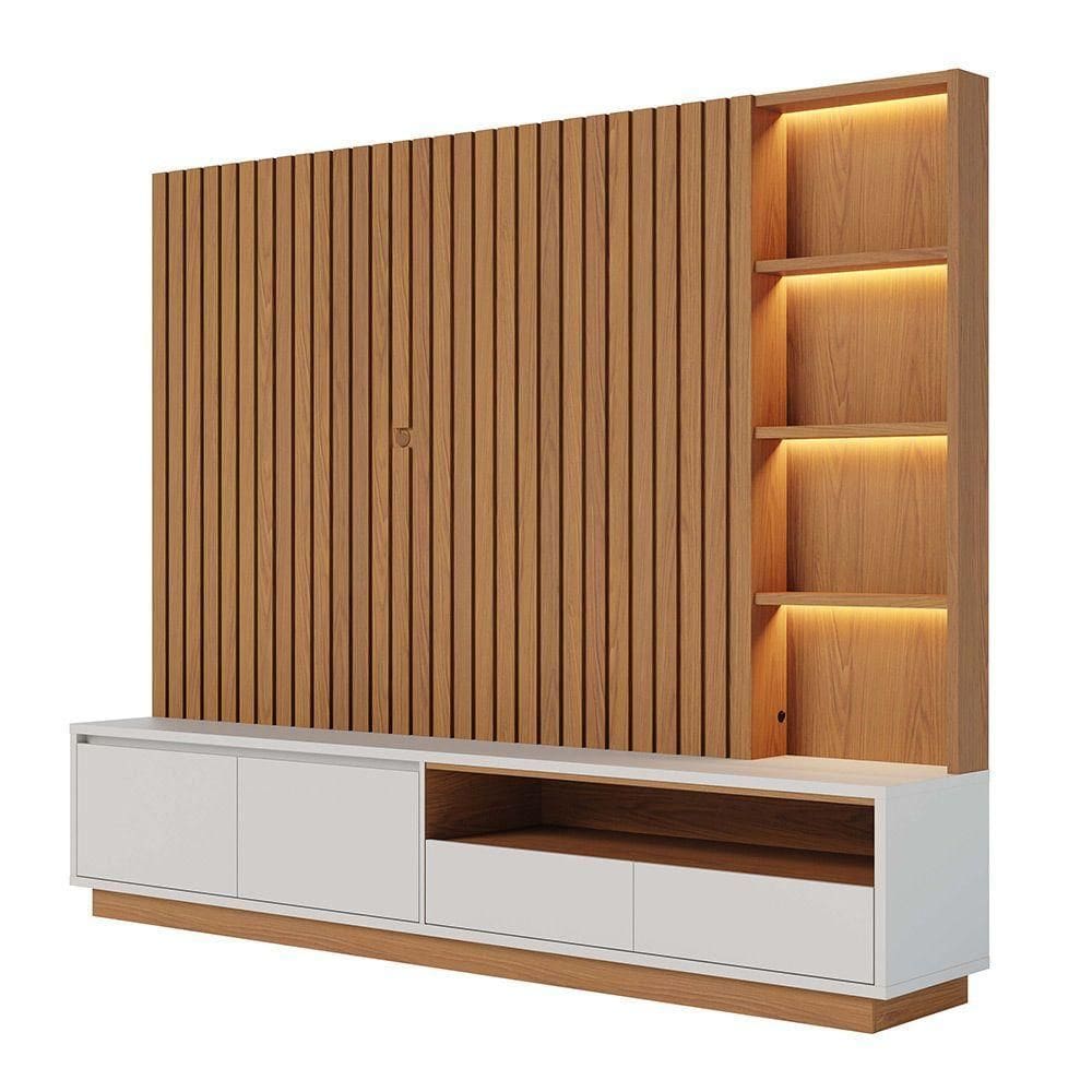 Estante De Tv 82 Polegadas 240cm Com Led Leme C04 - D`rossi Freijó E Off White Matte