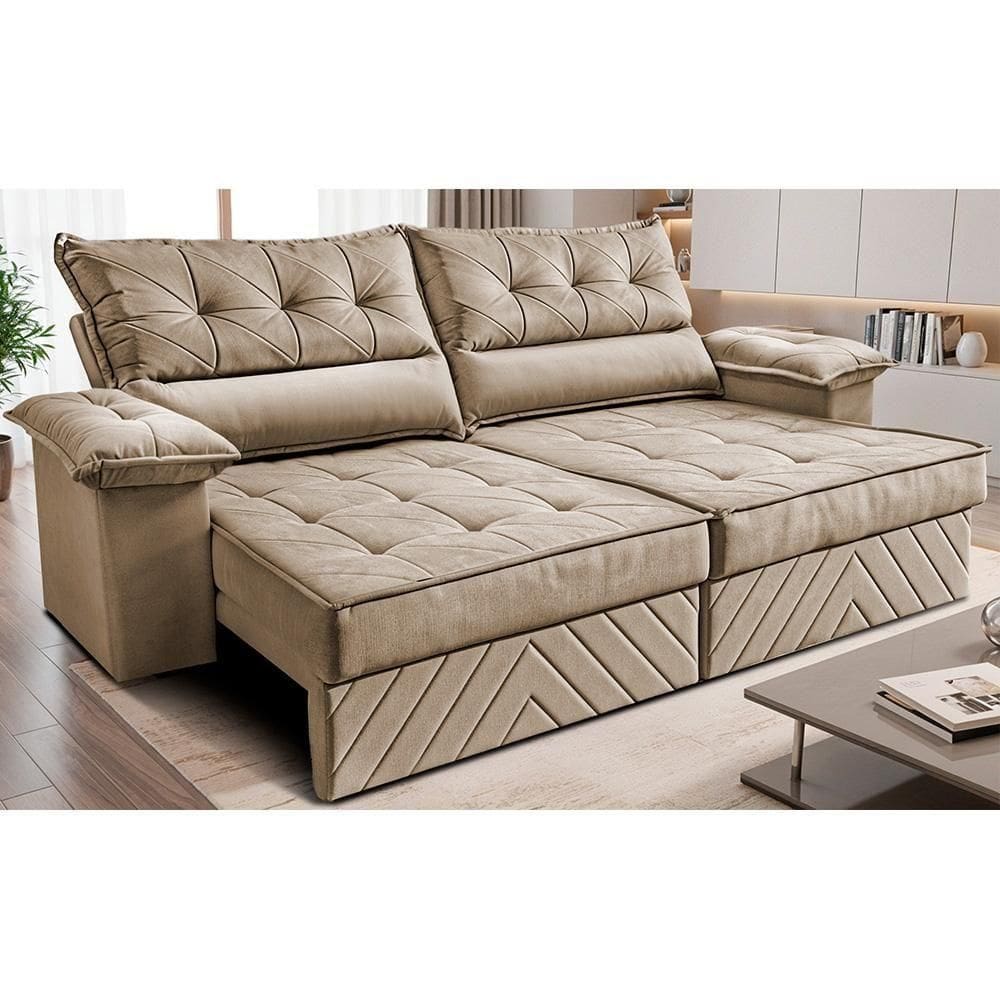 Sofá Retrátil E Reclinável 2,10m Com Molas E Espuma D33 Thunder. Velusoft Cama Inbox Bege