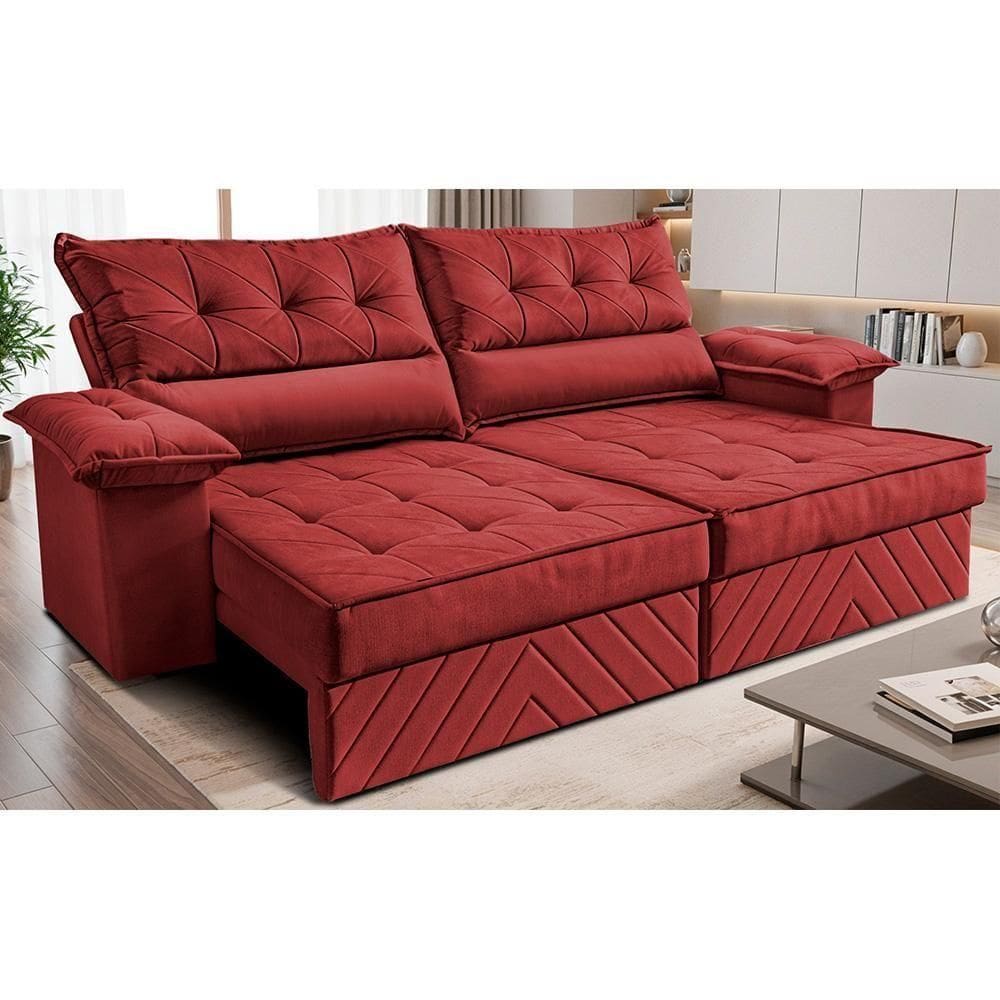 Sofá Retrátil E Reclinável 2,10m Com Molas E Espuma D33 Thunder. Velusoft Cama Inbox Vermelho