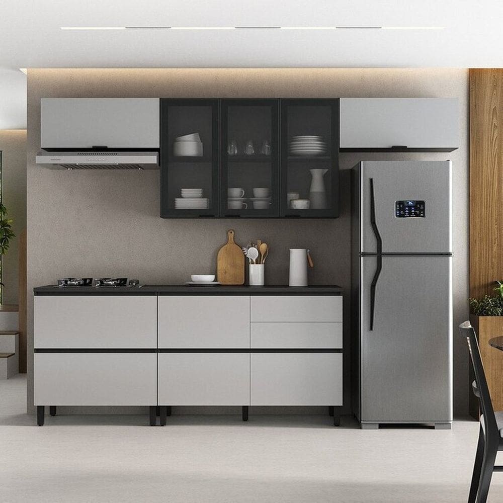 Cozinha Modulada 5 Peças 7 Portas 5 Gavetas Mdf Dodradiça Slow Motion Lúmina Itatiaia Grafite/Cinza