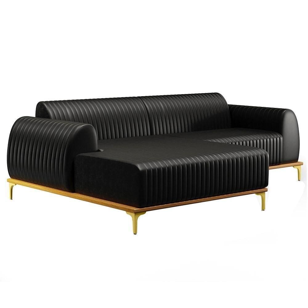 Sofá 245cm 4 Lugares Com Chaise Esquerdo Pés Gold Molino B-159 Corano Preto - Domi