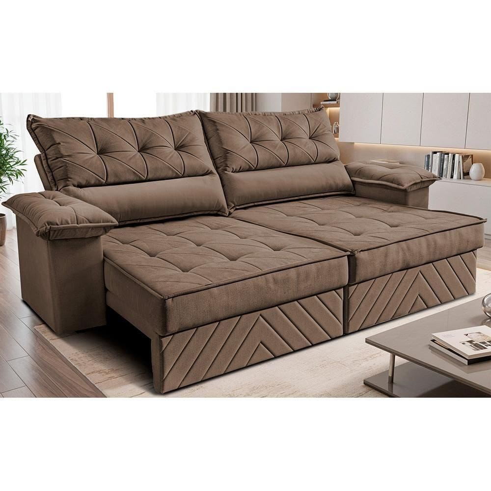 Sofá Retrátil E Reclinável 2,40m Com Molas E Espuma D33 Thunder. Velusoft Cama Inbox Castor