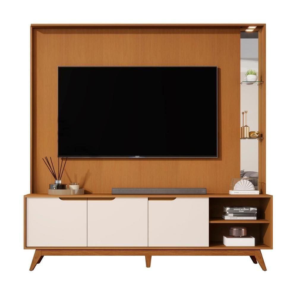 Home Tucumã 1.8 Tv Até 75 Pol. Pés De Madeira Maciça E Led Nature-off White