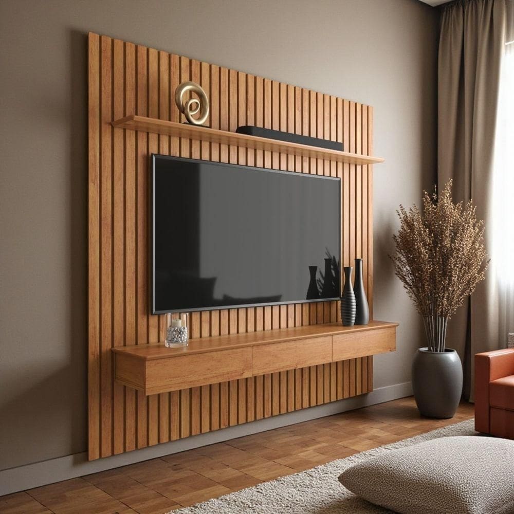 Painel Ripado Para Tv Até 75 Polegadas Home Antares Suspenso Com Nicho 3 Gavetas E Prateleira Cinamomo