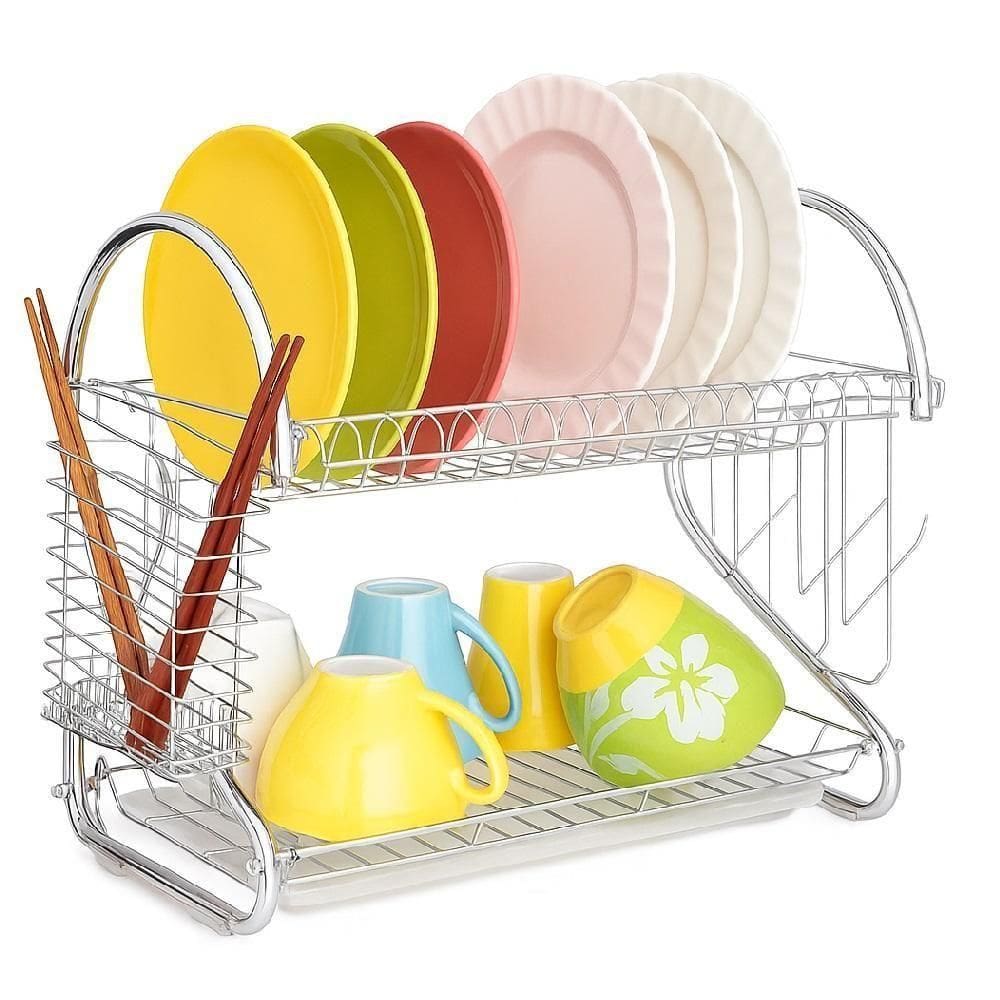 Escorredor De Loucas Duplo Cromado Organizador De Pia Armario Bancada Suporte Porta Copo Talheres Prato Desmontavel